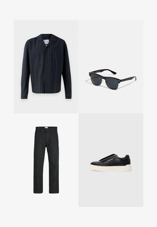 Marineblauwe overhemd met verticale witte en beige strepen, met een kraag, lange mouwen en een rechte zoom. Zachte stoftextuur.; Zwarte broeken gemaakt van duurzame stof, met een recht gesneden ontwerp, gestikte accenten en twee voorzakken voor functionaliteit.; Zwarte slip-on sneaker met een gestructureerde leren bovenkant, witte rubberen zool en geen zichtbare veters. Beschikt over het merkembleem aan de zijkant.; Zwarte zonnebril met een rechthoekige vorm, donkere lenzen, zilveren accenten bij de slapen en een matte afwerking op het montuur.