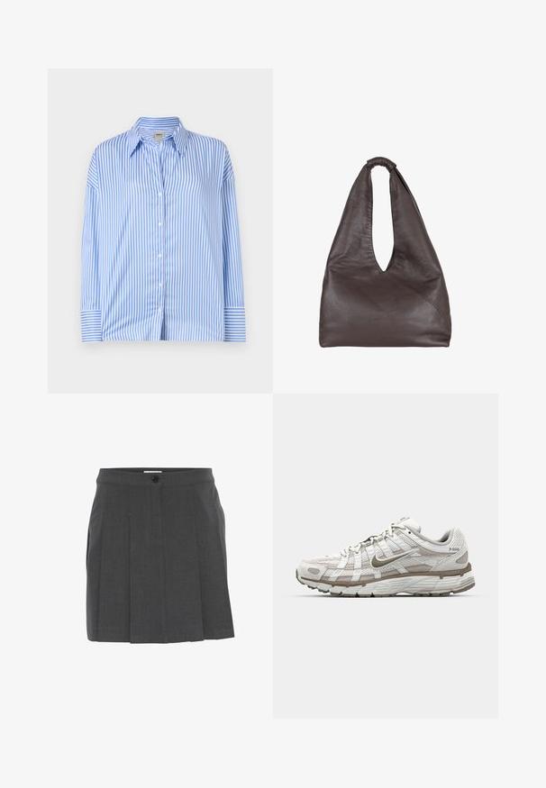 Blue and white striped button-up shirt with a collar, long sleeves, and cuffed ends. Light, smooth fabric with vertical lines.; Gray pleated skirt with a waistband, featuring a front button closure. Made of textured fabric, designed for a tailored fit.; White athletic shoe with mesh upper, light brown accents, and a cushioned sole. Features a lace closure and text on the side.; Brown leather bag with a slouchy, oversized design. Features a loop handle and a deep V-cut opening for easy access. Soft texture, minimalist style.