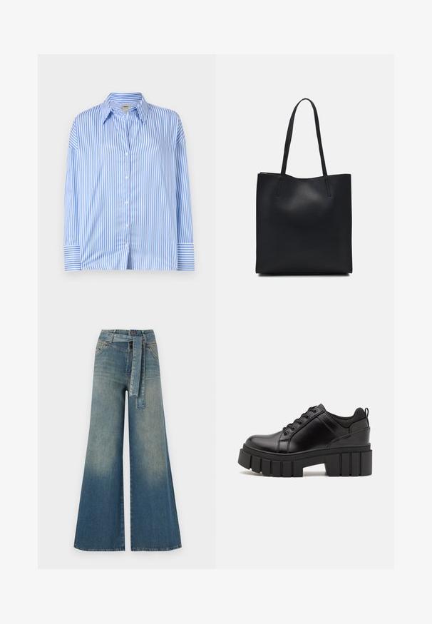 Sinine ja valge triibuline nööbiga särk krae, pikkade varrukate ja mansettidega. Kerge, sile materjal, millel on vertikaalsed jooned.; Laiad denimpüksid, millel on hele tume sinine gradiendiefekt, kõrge vöökoht, vöökumlid ja sobivast kangast vöö. Struktureeritud denimi viimistlus.; Must musta platvormsussid paksu plokkninal, ümmarguse varbaga ja traditsioonilise nööridega kinnitamisega. Sussid on sileda tekstuuriga ja minimaalsete detailidega.; Mustast nahast kott sujuva tekstuuriga, ristkülikukujuline ja kahe pika sangaga. Pole nähtavat riistvara ega kaunistusi.