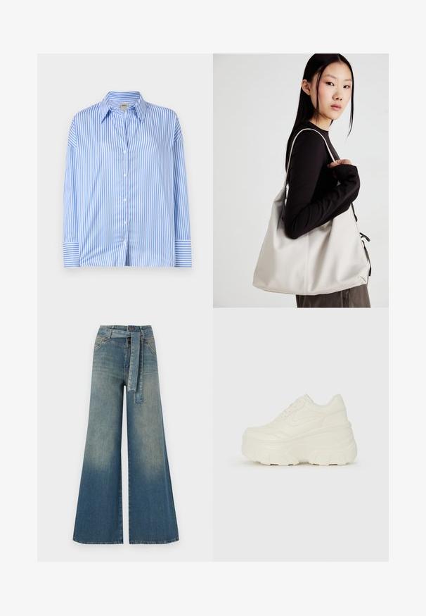 Blauw-witte gestreepte blouse met kraag, lange mouwen en manchet-einden. Lichte, gladde stof met verticale lijnen.; Wijduitlopende denim broek met een lichte naar donkere blauwe gradient, hoge taille, riemlussen en een bijpassende stoffen riem. Gestructureerde denimafwerking.; Witte platform sneakers met een gladde leren bovenkant, afgeronde vorm, gewatteerde kraag en een gestructureerde rubberen zool met duidelijke profiel.; Beige handtas gemaakt van zacht materiaal, met een slonzig ontwerp, gestikte details en twee schouderbanden. Geschikt voor dagelijks gebruik.