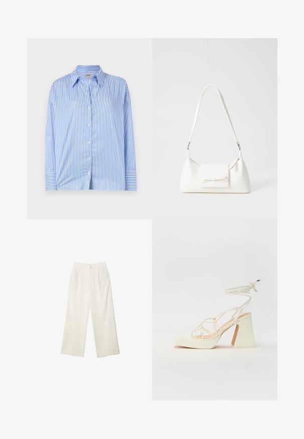 Modrá a biela pruhovaná košeľa na gombíky s golierom, dlhými rukávmi a manžetami. Svetlý, hladký materiál s vertikálnymi pruhmi.; Široké nohavice z krémovej látky s hladkou textúrou, s jedným predným gombíkom, jemnými skladmi a vysokým pásom.; Biele sandále na vysokom opätku s hrubým podpätkom, s pruhovaným dizajnom a viazaním na členku. Hladký povrch s platformou vpredu pre zvýšenú výšku.; Biela syntetická kabelka s trojuholníkovým tvarom, plochým predným klapkou a detailom mašle, nastaviteľným popruhom, hladkou textúrou a minimalistickým dizajnom.