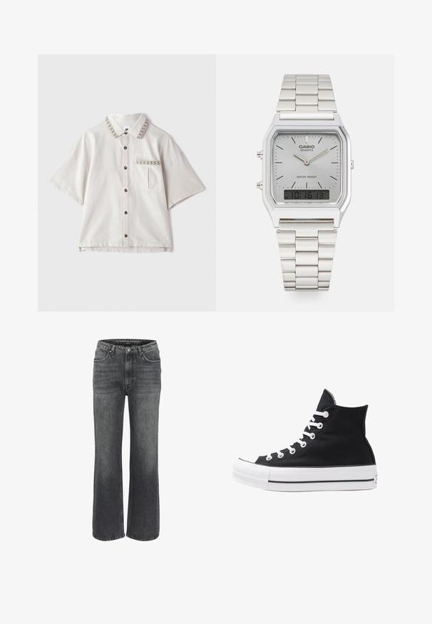 Short-sleeve, collared shirt in light beige fabric. Features brown buttons, a pocket with a flap, and a patterned collar trim.; Wide-leg jeans in dark gray denim, featuring a classic five-pocket design, stitched detailing, and a button closure at the waist.; High-top black canvas sneaker with white eyelets, laces, and rubber sole. Features a textured toe cap and black and white stripe accents.; Silver Casio quartz watch with rectangular face, analog and digital displays, stainless steel bracelet, and water-resistant features.