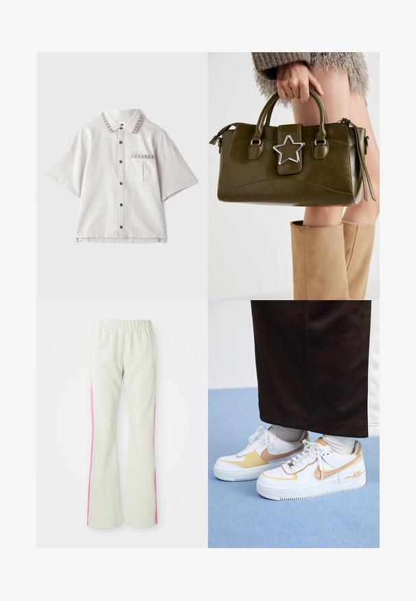 Cămașă cu mânecă scurtă, cu guler, dintr-un material bej deschis. Dispune de nasturi maro, o buzunar cu clapetă și un tiv al gulerului cu model.; Pantaloni bej deschis cu talie elastică, având panouri laterale roz și buzunare laterale. Textură netedă cu un design drept.; Tenisi albi din piele cu accente aurii, având vârful perforat, șireturi plate și o talpă groasă din cauciuc cu logo-ul "AIR" pe lateral.; Geantă din piele ecologică de culoare verde măslin, cu accent din stea argintie, două mânere și închidere cu fermoar. Suprafață texturată și formă structurată.