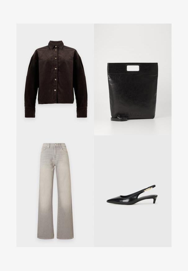Brun kordfluwelsskjorta med krage, framknappning och långa ärmar. Har en strukturerad tyg och en något oversized passform.; Grå vidbenade jeans med en blekt finish, knappstängning, femficksdesign och sömnad detaljer längs sömmarna.; Svart läder slingback-hälar med spetsig tå, med en smal klack och en guldtonad detalj på den justerbara remmen. Slät textur.; Svart läder tote-väska med ett fyrkantigt handtag, med en texturerad yta och präglad logotyp. Inkluderar en avtagbar rem.