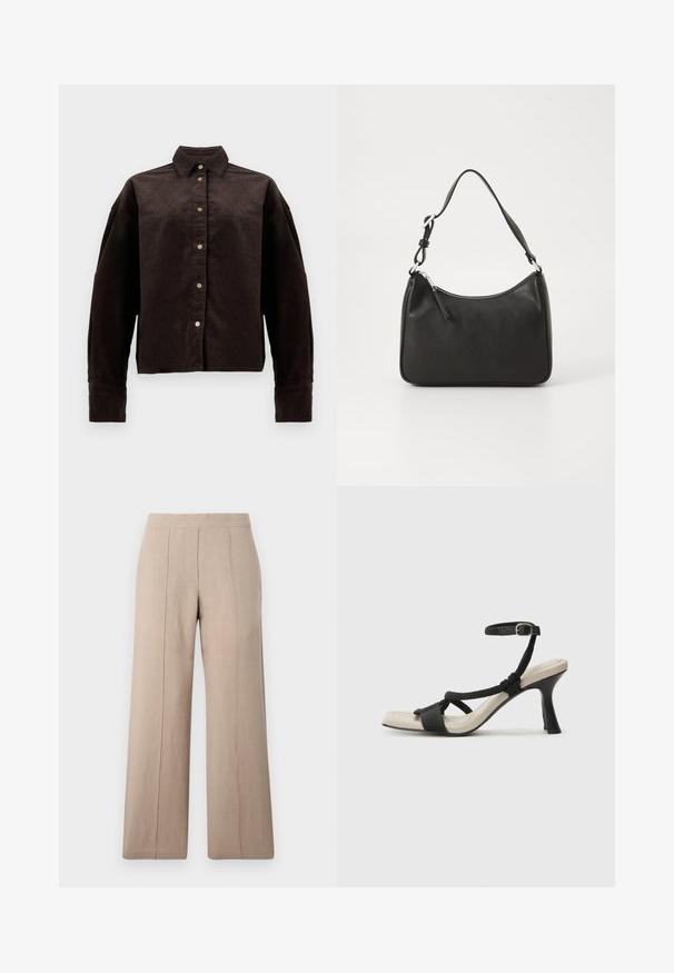 Rjava kordurojska srajca s ovratnikom, sprednjimi gumbi in dolgimi rokavi. Ima teksturirano tkanino in rahlo večji kroj.; Bež hlače širokega kroja iz lahkega blaga, z sprednjimi gubami, gladkim pasom in ravnim krojem z čistimi robovi.; Črne sandale na visoki peti z prepletenim trakom, kvadratnim nosom in nastavljivim gležnjenjem. Svetlo bež podplat z sijajno črno peto.; Črna usnjena torba za roke s ukrivljenim oblikom, enim trakom, zadrgo in diskretnim blagovnim znamkom na sprednjem delu. Gladka tekstura, minimalističen dizajn.