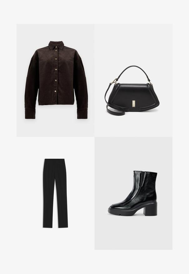 Camicia di velluto a coste marrone con colletto, bottoni frontali e maniche lunghe. Presenta un tessuto texturizzato e una vestibilità leggermente oversize.; Pantaloni neri su misura con un design a gamba dritta, dotati di tasche frontali e un tessuto liscio e strutturato. Dettagli ordinati e minimalisti.; Stivali alla caviglia in pelle verniciata nera con punta curva, pannelli laterali elasticizzati e tacco robusto. Presentano un logo impresso sul retro.; Borsa a mano in pelle nera con un design strutturato, caratterizzata da una forma corta, manico superiore e accessori in metallo dorato. Inclusa tracolla regolabile.