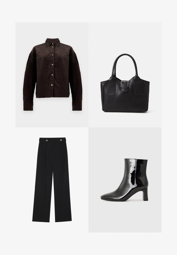 Hnědá kordurová košile s límečkem, předními knoflíky a dlouhými rukávy. Má strukturovanou tkaninu a mírně oversized střih.; Černé široké kalhoty s vysokým pasem, detailní knoflíky na pase a přední záhyby.; Černé lakované kotníkové boty s špičatou špičkou a středně vysokým blokovým podpatkem. Hladká textura a minimalistický design.; Černá kožená tote taška s hladkým povrchem, strukturovaným tvarem, dvěma uchy a výrazným stříbrným detailem s přezkou na přední straně.