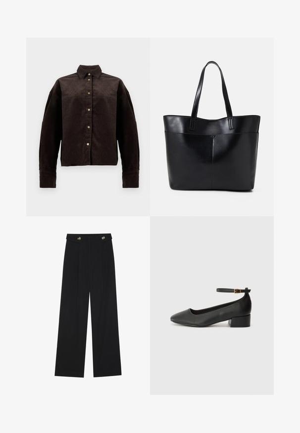 Brun kordfløyelskjorte med krage, frontknapper og lange ermer. Har et teksturert stoff og en litt oversized passform.; Svart vide bukser med høy midje, knappdetaljer på midjebåndet og frontplisser.; Sorte skinnpumper med spiss tå og lav blokkhelt. Har ankelrem med gullfarget spenne. Glatt tekstur.; Svart lær toteveske med to lange håndtak, en glatt tekstur og en strukturert form. Har en frontlomme for ekstra oppbevaring.