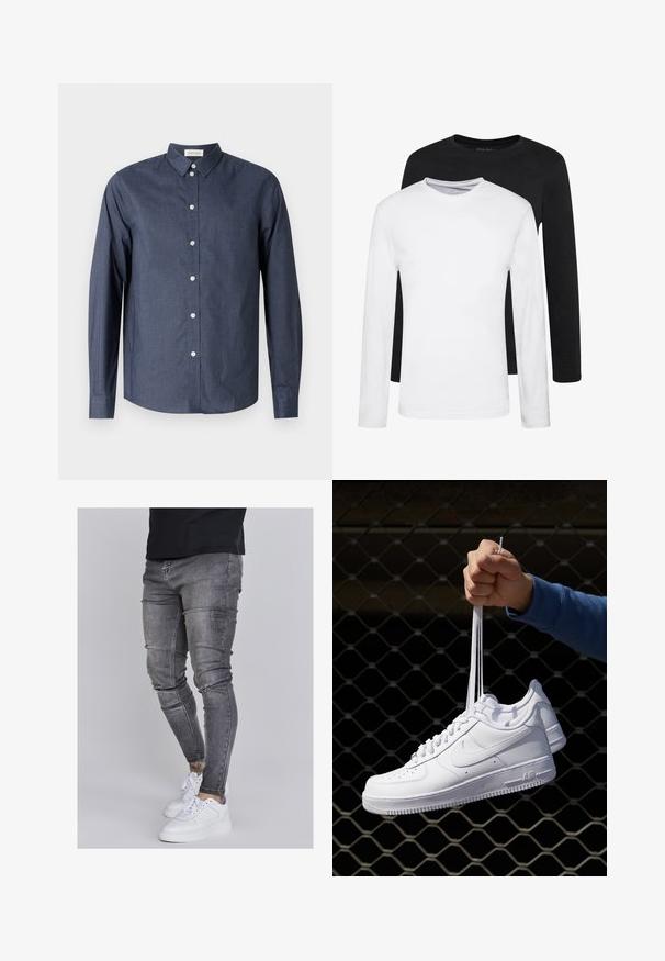 Sötétkék, hosszú ujjú, gombos ing sima anyagból; klasszikus gallérral, fehér gombokkal és ívelt alsó szegéllyel rendelkezik.; Két hosszúujjú ing, egy fekete és egy fehér, pamutból készült, kerek nyakkivágással és sima textúrával, egymásra rakva bemutatva.; Fakó szürke farmerből készült skinny farmernadrág, térdén kopott részletekkel, fehér sportcipővel párosítva. Simább anyag, karcsú szabás.; Fehér bőr sportcipők perforációval, kerek orral, lapos talppal és vastag fűzőkkel, látható swoosh logóval és "AIR" felirattal a sarokrészen.