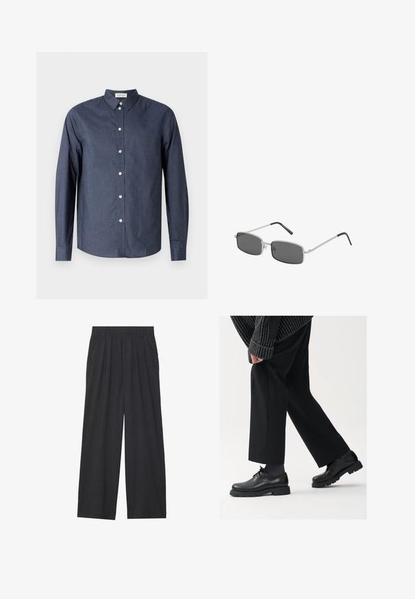 Camisa de botón de manga larga en azul marino, confeccionada en tejido suave; presenta un cuello clásico, botones blancos y un dobladillo curvado.; Pantalones de pierna ancha hechos de tela gris oscura. Cuenta con pliegues en la cintura, un diseño a medida y una silueta recta.; Zapatos de cuero negro con punta redondeada, diseño de cordones y suela gruesa y texturizada. Combinados con pantalones negros a medida y un suéter acanalado.; Gafas de sol en forma rectangular con lentes gris oscuro, fina montura de metal plateado y puntas de templo recubiertas de goma negra. Diseño minimalista.