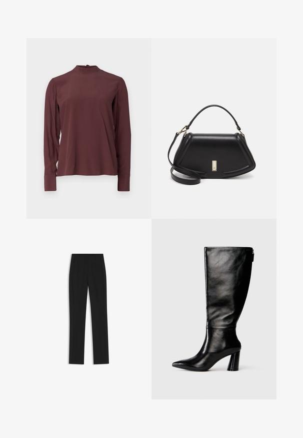 Burgunderfarbenes Langarmbluse mit einem hohen Kragen, dezentem Glanz und Knopfverschluss am Rücken. Glattes Material und taillierte Ärmel.; Schwarze maßgeschneiderte Hose mit geradem Bein, ausgestattet mit Fronttaschen und einem glatten, strukturierten Stoff. Saubere, minimale Details.; Knöchelhohe schwarze Lederstiefel mit einer spitzen Zehe, glatter Oberfläche und einem klobigen Absatz. Verfügt über einen Reißverschluss hinten.; Schwarze Lederhandtasche mit einem strukturierten Design, das eine verkürzte Form, einen oberen Griff und goldfarbene Hardware-Details aufweist. Verstellbarer Schulterriemen ist enthalten.