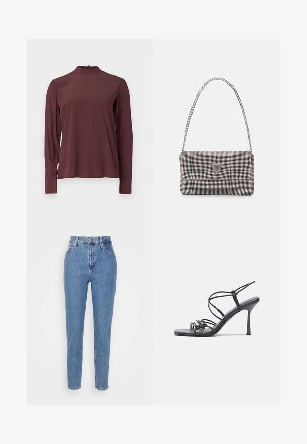 Burgundia pika varrukatega pluus kõrge kaelusega, kerge sära ja nööpidega kinnitamine seljaosas. Sile kangas ja istuvad varrukad.; Sinised kõrge talje ja sirged teksad, millel on ees nupp ja lukk, vööklambrid ja taskud, esitatud valgel neutraalsel taustal.; Mustad musta värvi kontsandaalid on varustatud peente rihmadega, millel on sõlmekujundus, siledad ruudukujulised varbad ja stiilne stilettokonts.; Helehall metallik handbags, millel on kett, kaunistatud väikeste ümmarguste metallist õmblustega ja kolmnurkse brändi logoga.; Hõbedast rõngaskõrvarõngad sileda ja läikiva pinnaga, kõveriku kujuga ning postitaksega sulgur. Minimalistlik disain kaasaegse viimistlusega.