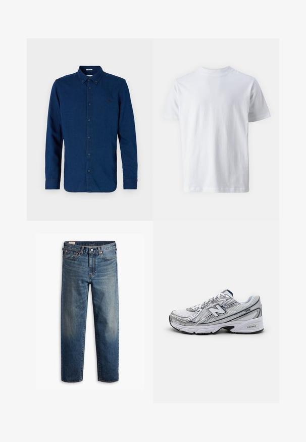 Tmavě modrá košile na knoflíky vyrobená z denimové látky. Má špičatý límec, dlouhé rukávy a malé logo na hrudi.; Bílá polo tričko s krátkým rukávem vyrobené z bavlny, s kulatým výstřihem a hladkou texturou, se rovnými liniemi a bez vzorů.; Modré rovné džíny z denimu s klasickým pětipocketovým designem, zapínáním na knoflík a jemně vybledlým umyvadlem na stehnech a kolenou.; Sportovní obuv New Balance s horní částí ze síťoviny, převážně bílá s šedými a námořnickými akcenty, s polstrovanou podrážkou a texturovanými detaily.