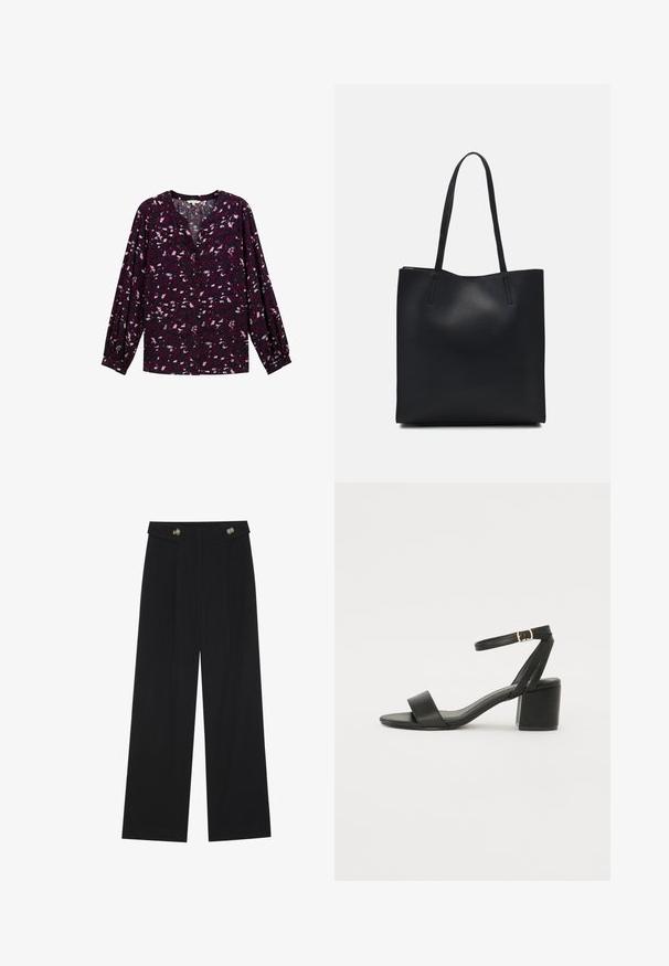 TOM TAILOR PLUS - GEMUSTERTE - Bluse - berry autumn floral design; Schwarze weite Hosen mit hoher Taille, Knopfdetails am Bund und vorderen Falten.; Schwarze High Heels Sandalen mit einem glatten Lederoberteil, offener Zehenpartie, breiten Vorderstraps und verstellbarem Knöchelriemen mit einem goldenen Schnallen-Detail.; Schwarze Laptoptasche aus Leder mit glatter Textur, rechteckiger Form und zwei langen Griffen. Keine sichtbaren Beschläge oder Verzierungen.