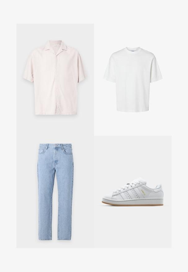 Camicia a maniche corte con bottoni in lino beige chiaro, con colletto classico, texture sottile e chiusura frontale con bottoni.; T-shirt bianco in cotone con maniche corte, scollo rotondo e vestibilità rilassata. Texture liscia senza pattern o dettagli visibili.; Jeans in denim azzurro chiaro con un design a gamba dritta, cinque tasche e chiusura con bottone. Texture morbida con una finitura sbiadita classica.; Sneaker bianca con design a tre strisce perforate, dettagli testurizzati, suola in gomma e logo "CAMPUS" in oro sul lato.