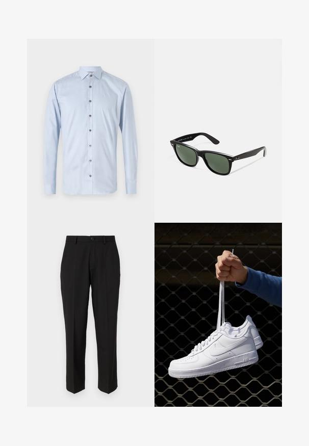 Camicia azzurro chiaro a maniche lunghe realizzata in tessuto morbido, con colletto a punta e bottoni marroni lungo tutta la parte frontale.; Pantaloni neri in tessuto liscio, con un design a gamba dritta, tasche frontali, chiusura con un singolo bottone e senza motivi visibili.; Sneakers in pelle bianca con perforazioni, punta rotonda, suola piatta e lacci spessi, con logo swoosh visibile e "AIR" sul tallone.; Occhiali da sole in plastica nera con lenti verdi, montatura quadrata, dettaglio argento sulla parte superiore e steli con texture. Marchio indicato sulla parte interna dello stelo.