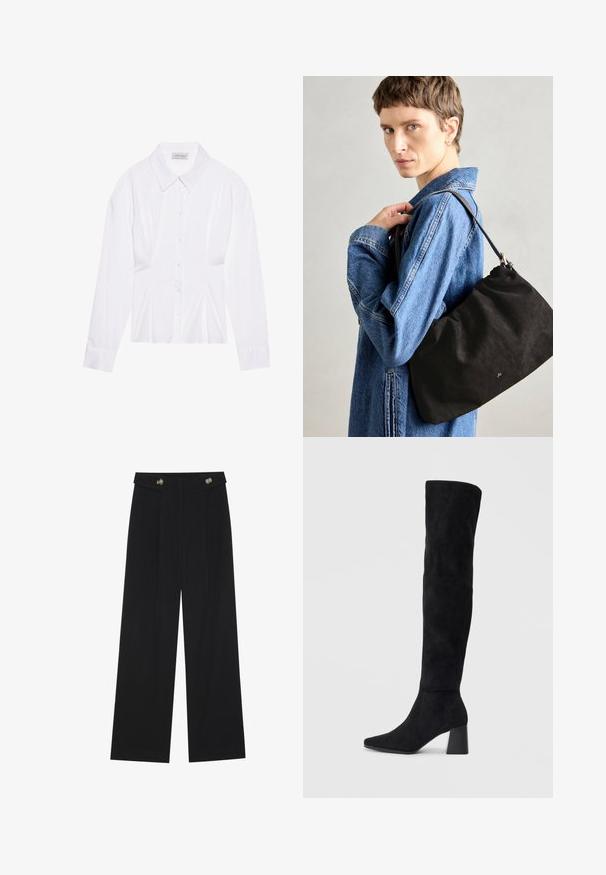 White long-sleeve blouse with a classic collar, front button closure, and gathered side detail. Smooth fabric with a tailored shape.; Black wide-leg trousers with high waist, button details on waistband, and front pleats.; Black suede knee-high boot with block heel, pointed toe, and smooth, seamless design on a plain light background.; Black suede handbag with a soft, structured shape, featuring a slim leather strap and subtle brand logo. Model wears a denim jacket.