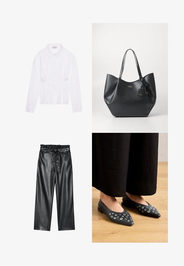 Blusa bianca a maniche lunghe con colletto classico, chiusura frontale con bottoni e dettaglio arricciato sui lati. Tessuto liscio con una forma sartoriale.; Pantaloni wide-leg neri in pelle sintetica con elastico in vita arricciato e cintura staccabile. Texture liscia e finitura minimale.; Ballerine in pelle nera con punta affusolata, caratterizzate da inserti in metallo a forma di occhio di differenti dimensioni e un tacco quadrato basso. Texture liscia su pavimento in legno.; Borsa a tracolla nera realizzata in materiale sintetico testurizzato con una silhouette ampia, dotata di manici doppi e un dettaglio pendente con logo.; Orecchino a cerchio in argento con finitura lucida, caratterizzato da piccoli dettagli in oro e una forma tondeggiante, indossato sul lobo.