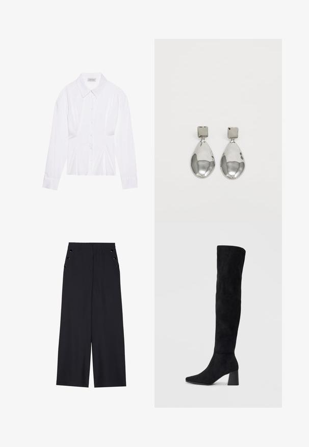 Blouse blanche à manches longues avec un col classique, fermeture à boutons sur le devant et détail froncé sur le côté. Tissu lisse avec une coupe ajustée.; Pantalons ample en tissu bleu marine foncé, avec une texture lisse, des plis avant et des œillets décoratifs en ton doré sur les poches latérales.; Botte noire en daim montée jusqu'au genou, avec un talon bloc, un bout pointu et un design lisse et sans couture sur un fond clair.; Boucles d'oreilles en argent avec un clou carré, présentant une finition lisse et polie ainsi qu'une forme en goutte d'eau, réfléchissant la lumière grâce à une surface brillante.
