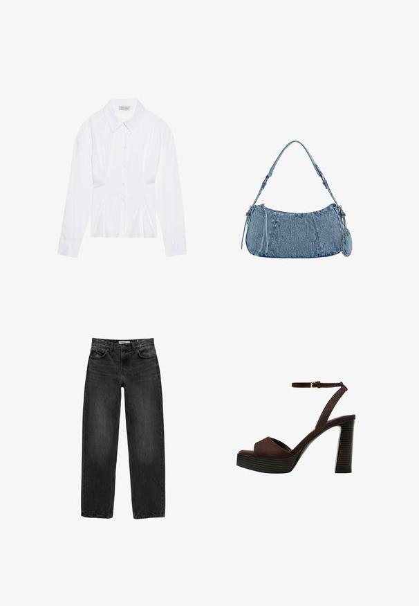 Fehér hosszú ujjú blúz klasszikus gallérral, elöl gombos záródással és összegyűrt oldali részletekkel. Simára szőtt anyag, testhez álló fazonban.; Fekete farmernadrág laza szabással, egyenes szárakkal, öt zsebes dizájnnal és enyhén elhalványult textúrával. Elöl gombos és cipzáras záródás.; Barna velúr magassarkú szandál nyitott orral, állítható bokapánttal és csíkozott platformtalppal.; Farmer táska ívelt formával, világoskék színben, állítható vállpánttal és egy kis levehető tasakkal, fémes részletekkel.