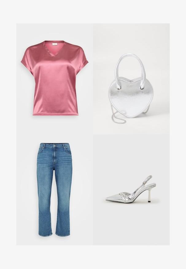 Μπλουζάκι κοντό μανίκι, σε σχήμα V, από γυαλιστερή ροζ σατέν με διπλωμένα μανίκια και άνετη εφαρμογή. Λείος υφασμάτινος με διακριτή γυαλάδα.; Ανοιχτό μπλε τζιν παντελόνι με ευθεία γραμμή, που διαθέτει πέντε τσέπες, βρόχους ζώνης και ελαφριά φθορά στο μπροστινό μέρος.; Ασημένια ψηλοτάκουνα παπούτσια slingback με μυτερή μύτη, μεταλλική φινέτσα, δύο διακοσμητικές λωρίδες και λεπτό τακούνι με μαύρη άκρη.; Ασημί μεταλλική τσάντα σε σχήμα καρδιάς με διπλούς χειροπράκτες, αλυσίδα και λεία υφή. Διαθέτει μεταλλικά αξεσουάρ και ραμμένες άκρες.