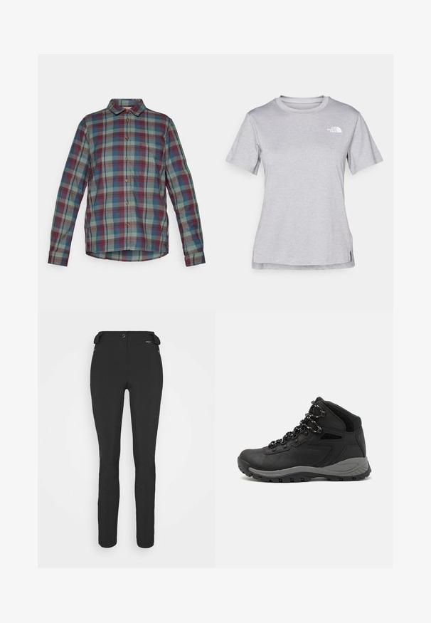 Long-sleeve button-up shirt with green, blue, and red plaid pattern and a front chest pocket.; Grey short-sleeve t-shirt made of soft, moisture-wicking fabric. Features a crew neck and a small white logo on the upper left.; Black, fitted pants made from a flexible material. Features include a zippered side pocket, articulated knees, and a smooth texture.; Black hiking boot with a mid-top design, featuring a textured upper, gray accents, and durable rubber sole with traction lugs.