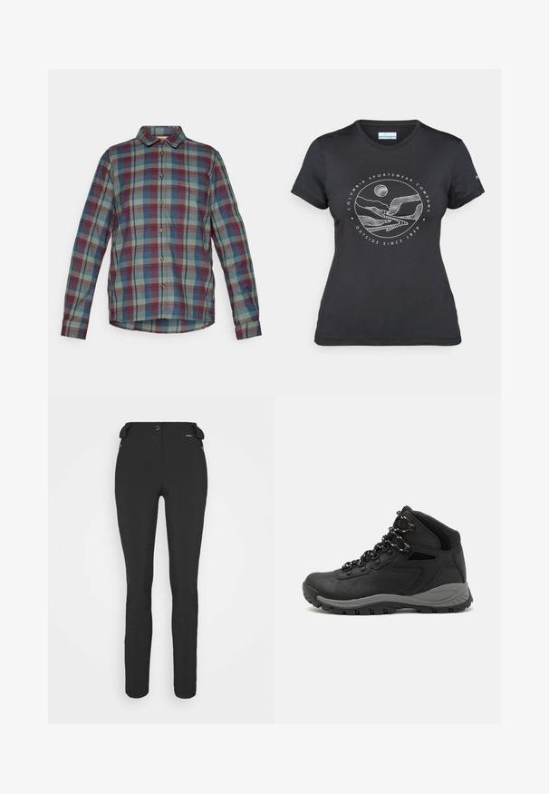 Camisa de botões de mangas longas com padrão quadriculado em verde, azul e vermelho e um bolso no peito.; T-shirt preto da Columbia com arte em linha branca circular representando montanhas e rios, e o texto "Columbia Sportswear Company Outside Since 1938."; Calças pretas, ajustadas, feitas de um material flexível. As características incluem um bolso lateral com fecho éclair, joelhos articulados e uma textura suave.; Bota de caminhada preta com design de cano médio, apresentando um upper texturizado, detalhes cinzentos e sola de borracha durável com cravos de tração.