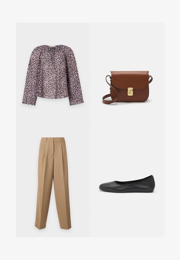 Črna prosojna bluza z dolgimi rokavi, ki ima cvetlični vzorec roza in belih cvetov, z nabranim ovratnikom in ohlapnim krojem.; Bela kratka majica s kratkimi rokavi iz rebrastega materiala. Okrogla ovratnica, običajen kroj in subtilni šivi. Brez vzorcev ali grafik.; Bež hlače z visokim pasom, gubanim sprednjim delom in širokim krojem. Tkanina se zdi gladka z rahlim sijajem.; Črne usnjene balerinke z zaobljenim nosom, gladko teksturo, minimalnimi šivi in fleksibilno zasnovo podplata.; Rjava usnjena torbica s poklopcem, zlato obarvani okovi, naramnica in gladka tekstura. Kompaktna pravokotna oblika.