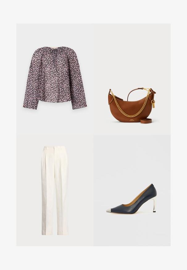 Blusa preta transparente com mangas longas, apresentando um padrão floral de flores rosa e brancas, gola franzida e ajuste solto.; Polo Ralph Lauren HEMP WIDE LEG PANT - Calças - nevis; Sapato elegante de salto alto em couro azul marinho com bico fino, apresentando uma ponta metálica prateada e um salto stiletto prateado brilhante.; Bolsa de mão de couro castanho com um design curvado, alça de corrente dourada, bolso interior e uma alça de ombro destacável. Apresenta costura em contraste.