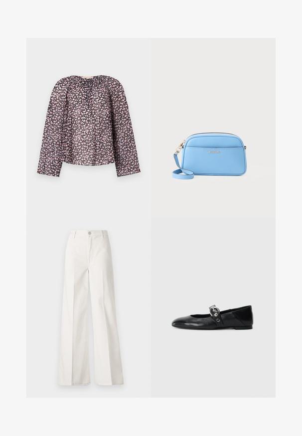 Blusa preta transparente com mangas longas, apresentando um padrão floral de flores rosa e brancas, gola franzida e ajuste solto.; Calças largas brancas feitas de algodão com uma textura suave. Apresenta um botão frontal, fecho de correr e um design de quatro bolsos.; Sapatilhas de balé pretas em couro com bico pontiagudo, apresentando uma correia com uma fivela metálica circular e sola plana.; Bolsa crossbody em couro azul claro com acessórios em tom de ouro, fecho em zip, e um bolso frontal. Apresenta uma alça ajustável para conveniência.