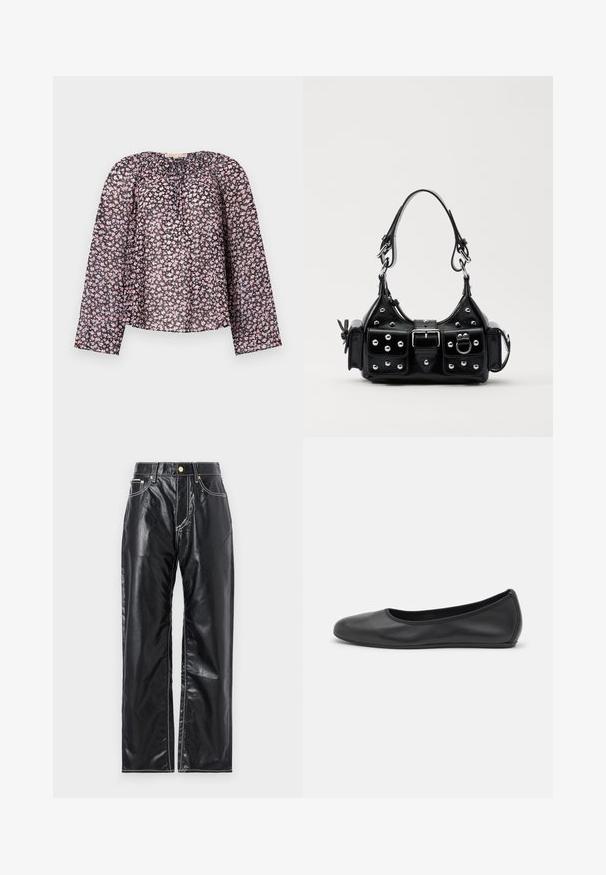 Blusa nera trasparente con maniche lunghe, caratterizzata da un motivo floreale di fiori rosa e bianchi, scollatura gathered e vestibilità comoda.; Pantaloni neri in finta pelle con taglio wide-leg, dotati di cuciture bianche, tasche anteriori e un bottone dorato in vita.; Pantofole da balletto nere in pelle con punta arrotondata, texture liscia, dettagli di cucitura minimi e design con suola flessibile.; Borsa a mano in pelle nera con design curvo, caratterizzata da borchie argentate, una fibbia e due tasche laterali. Tracolla regolabile per diverse opzioni di trasporto.