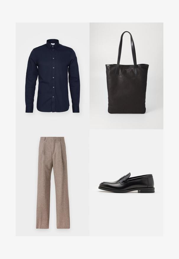 Temno modra srajca z dolgimi rokavi iz bombaža, z ovratnikom na gumbe in sprednjimi gumbi. Ima gladko teksturo in oblikovan kroj.; Rjave hlače z visokim pasom, izdelane iz teksturirane tkanine. Imajo široke noge in dve sprednji pregibi za strukturo. Urejen zaključek brez vidne strojne opreme.; Črne usnjene loafer čevlje z gladko teksturo, zaobljenim nosom in dekorativnim trakom čez zgornji del. Nizka zložena peta, minimalističen dizajn.; Črna platnena torba s črnimi usnjenimi ročaji. Preprost dizajn, prostorna notranjost in gladka tekstura. Brez vidnih logotipov ali vzorcev.