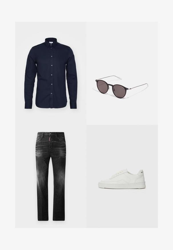 Tummansiniharmaa pitkähihaista paitaa, joka on valmistettu puuvillasta ja jossa on napitettava kaulus ja etunapit. Ominaisuuksiin kuuluu sileä pinta ja muotoiltu istuvuus.; Mustat denimfarkut suoralla istuvuudella. Ominaisuuksiin kuuluu haalistuneita alueita, pieniä kulumia, klassinen viiden taskun malli sekä nappisulku.; Valkoinen nahkakenkä, jossa on sileä pinta, pyöreä kärki, tasaiset nauhat ja teksturoitu pohja. Sisältää huomaamattoman logon kantapäässä.; Musta pyöreä aurinkolasit tummilla linsseillä ja kapeilla metallikehyksillä. Sisältää kirkkaat temppelet ja hopeiset yksityiskohdat saranassa. Minimalistinen muotoilu.