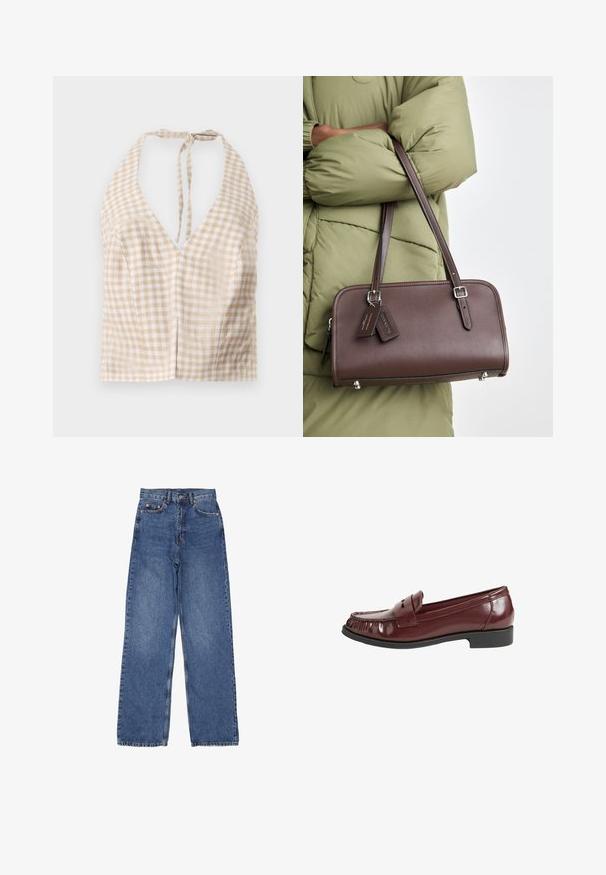 Beige og hvid gingham kort halterneck top med en dyb V-hals, båndlukning bagpå og let struktur. To små sømme foran tilføjer detalje.; Denim jeans med høj talje og bred ben, med en klassisk blå vask, synlig syning og metalhardware på frontlommen.; Bordeaux patenteret læder loafers med en syet, rund tå og et lille dekorativt bånd. Lav, sort gummihæl. Glat tekstur.; Brun læderhandbag med rektangulær form, aftagelig rem og sølvfarvet hardware. Har to tags hæftet til håndtaget.