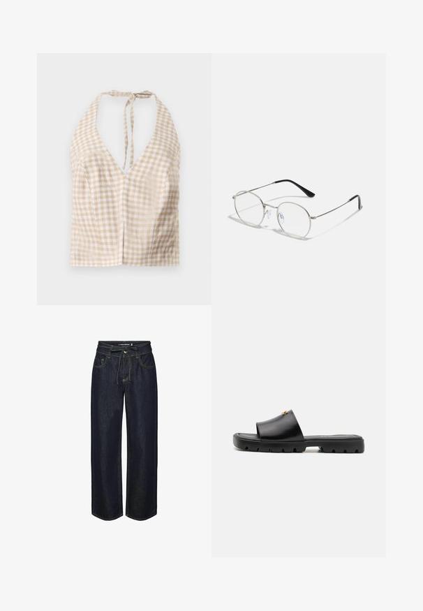Beige og hvid gingham kort halterneck top med en dyb V-hals, båndlukning bagpå og let struktur. To små sømme foran tilføjer detalje.; Mørk denim brede bukser med snor i taljen, der har kontrastsyning, frontlommer og en let løs pasform.; Sorte mules med en glat, mat læderoverdel og en tyk, tekstureret gummisål. Bemærkelsesværdig guldbeslag på overdelen. Simpelt, åbent design.; Runde metalbriller med en slank sølvramme, klare linser og sorte templer med gummitips for komfort. Minimalistisk design.