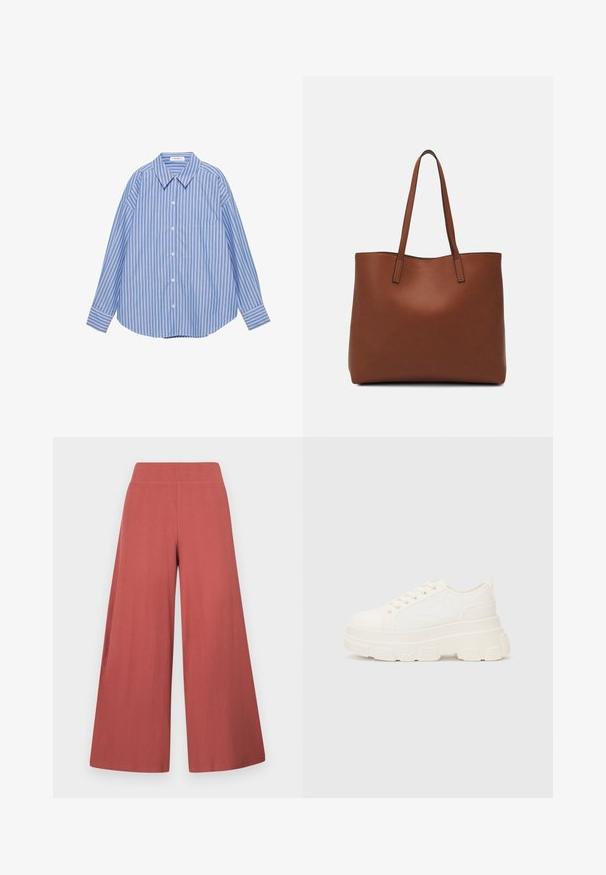 Plava i bijela prugaasta dugmadna košulja dugih rukava s uperenim ovratnikom i jednim džepom na prsima.; Hlače širokih nogavica u boji hrđe, izrađene od teksturiranog platna s okomitim rebrastim uzorkom. Imaju visok, elastičan pojas.; Bijela platnena tenisica s debelim potplatom, zaobljenim vrhom i pet rupica za vezice. Stražnji tab za jednostavno obuvanje. Glatka tekstura, minimalistički dizajn.; Smeđa kožna torba preko ramena s glatkom teksturom, otvorenim vrhom i dvjema naramenicama. Ima minimalne šavove i nema vidljivog hardvera.