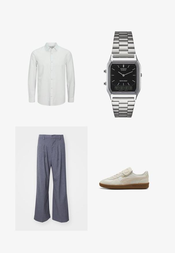 White long-sleeve button-up shirt made of lightweight fabric, featuring a classic collar and subtle texture. Buttons in a matching color.; White polo shirt made of cotton, featuring a collar, three-button placket, and a subtle logo on the chest. Short sleeves, soft texture.; Gray pinstriped trousers with a wide leg design, featuring pleats at the front and a smooth texture. No visible hardware or accents.; White leather sneaker with textured accents, rubber sole, and gold logo detail. Features laces and a velcro strap for closure.; Silver stainless steel quartz watch with a black rectangular face, featuring analog hands, digital display, and water resistance label.