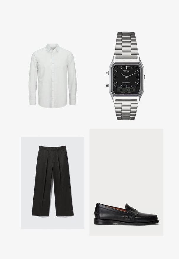 Valge pika käisega nööpidega särk, mis on valmistatud kergest kangast ja millel on klassikaline krae ning peen tekstuur. Nööpide värv on kooskõlas särgi värviga.; Pikkade varrukatega tumehall henley särk, valmistatud ribakudumist. Omab ümara kaelaaugu ja kolme nööbiga kinnitust. Varrukaotsad on kitsad.; Mustad laiade jalgadega püksid sujuva tekstuuriga, millel on kaks eesmist taskut ja veidi tõstetud vöökoht.; Mustad mustad nahast loafers, ümmarguse varbaga, õmblustega kaunistused ja dekoratiivne rihm esiosas. Lame talla minimalistik profiil.; Hõbedane roostevabast terasest kvarts kell musta ristküliku kujulise näoga, millel on analoognõjad, digitaalelektrooniline kuva ja vee vastupanu silt.