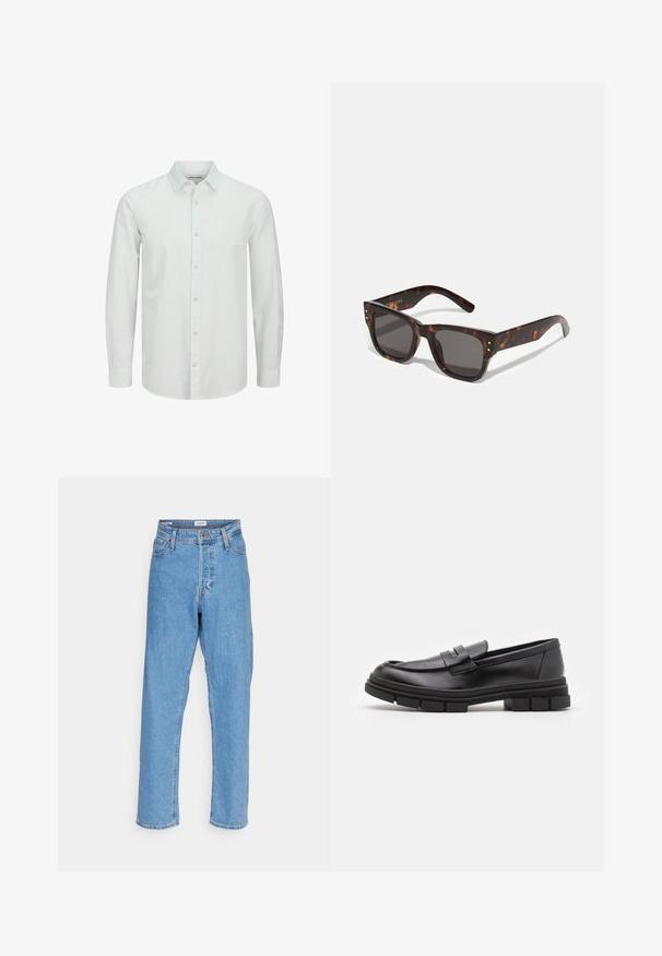 Fehér, hosszú ujjú gombos ing, könnyű anyagból készült, klasszikus gallérral és diszkrét textúrával. A gombok az ing színével megegyező árnyalatúak.; Világoskék, magasan ültetett, egyenes szabású farmernadrág elülső gombbal, cipzáras záródással, övhurkokkal és öt zsebes kialakítással, fehér háttérrel.; Fekete bőr loaferek sima felülettel, elülső pánt részlettel és vastag, bordázott gumitalpakkal.; Tortavérű napszemüveg sötét lencsékkel, négyzet alakú kerettel és ezüst színű díszítő tüskékkel az elején. Műanyagból készült, könnyű és tartós.