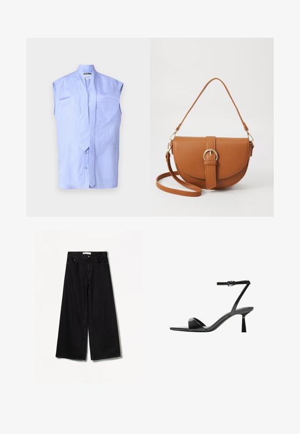 Svetle modrá bezrukávová košile se stojáčkovým límcem, předním zapínáním na knoflíky a jednou náprsní kapsou. Vyrobena z hladké bavlněné látky.; Bershka WIDE-LEG - Wide leg - black; Bershka Sandály na vysokém podpatku - black; Hnědá kožená křížová taška s zakřiveným tvarem, zlatými detaily a akcentem s přezkou. Obsahuje odnímatelný popruh na rameno.
