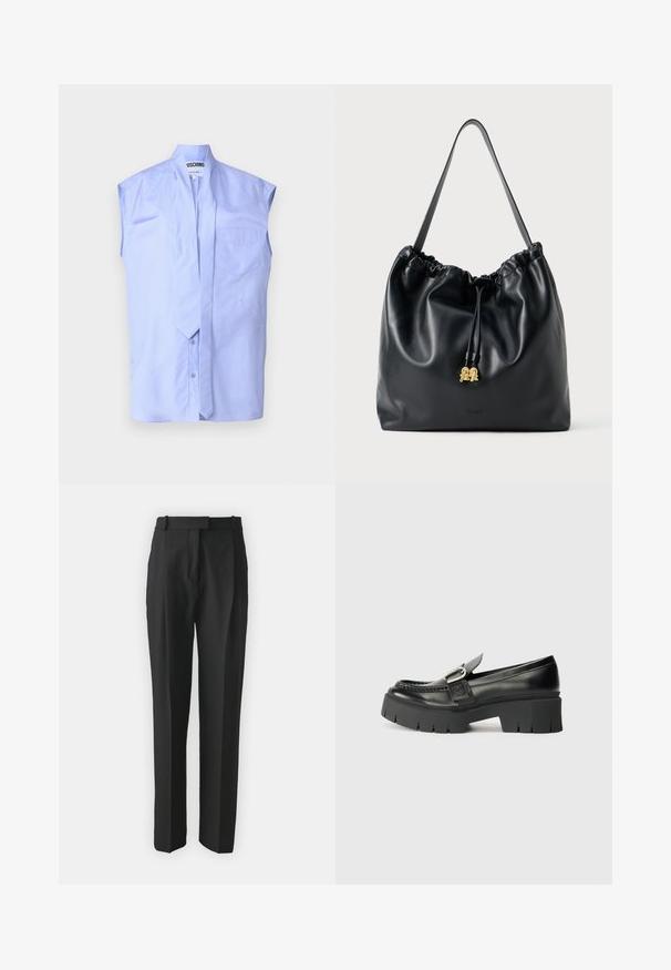 Šviesiai mėlyna be rankovių marškinėliai su pakeltu apykakle, priekiniais mygtukais ir viena krūtine kišenė. Pagaminta iš lygaus medvilnės audinio.; Juodi pritaikyti kelnes pagamintos iš lengvos medžiagos, turinčios tiesų kirpimą, plokščią priekinę dalį ir diržo kilpas. Lygus paviršius be matomų raštų.; Juodi odiniai loafersai su storu guminiu padu. Yra sagties akcentas ir siuvinėjimo detalės viršuje. Lygus kulnas.; Juodas odinis maišelis su virvute, turintis lygią tekstūrą, susiraukšlėtą viršų ir subtilų auksinį apdailą. Turi vieną tvirtą diržą ir įspaustą logotipą.