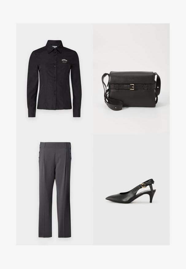 Μαύρο πουκάμισο με εφαρμοστή σχεδίαση, μακριά μανίκια και αιχμηρό γιακά. Διαθέτει κουμπιά μπροστά και κεντητό λογότυπο στο στήθος.; Γκρι κομμένα παντελόνια με ίσια γραμμή, εμπρός πτυχώσεις και διακοσμητικά κουμπιά στο πλάι για επιπλέον λεπτομέρεια. Απαλή υφή υφάσματος.; Μαύρη δερμάτινη γόβα slingback με κομψή μύτη, μικρό τακούνι και λεπτομέρεια με αγκράφα στη ζώνη του αστραγάλου. Λείος υφασμάτινος χαρακτήρας, μινιμαλιστικός σχεδιασμός.; Μαύρη δερμάτινη τσάντα χειρός με δομημένο σχήμα. Διαθέτει ασημένιο κούμπωμα, ρυθμιζόμενο λουρί και λεία υφή. Μινιμαλιστικός σχεδιασμός.