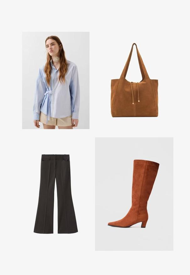 Sininen ja valkoinen raidallinen napitettava paita, jossa on pitkät hihat, solmittu vyötärölle, kauluksella ja tekstuuripinnalla kaulan ympärillä.; Mustat vyötäröltä korkealla loistavat housut; niissä on kaksi etutaskua ja sileä kangaspinta. Sopii eri tilaisuuksiin.; Ruskeat mokkanahkasaappaat polven ylle, joissa on teräväkärkiset ja pienet paksut korot. Saappaissa on sileä pinta ja minimalistinen muotoilu.; Ruskea nubuk-olkalaukku, jossa on kaksi pitkää hihnaa, naru- ja minimalinen sulkemismekanismi. Tasainen pinta ja ei näkyviä metalliosia.