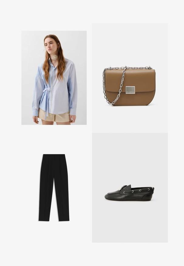 Blue and white striped button-up shirt with long sleeves, tied at the waist, featuring a collar and a textured accent around the neck.; Black trousers with a straight fit, featuring double pleats, a smooth texture, and a classic waistband design. No visible hardware or accents.; Black leather boat shoes with rounded toe, lace-up front, metal eyelets, and a flat sole. Features a small tab at the back.; Brown leather crossbody bag with a curved shape, silver chain strap, and a square metallic clasp detail on the front.