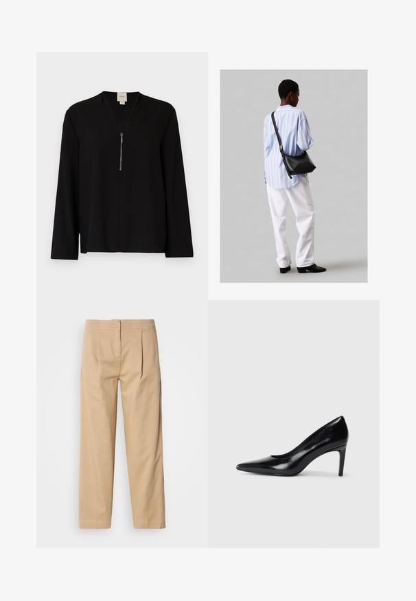 Svart langermet topp med V-hals-design, med glidelås foran og en glatt tekstur. Enkel og skreddersydd silhuett.; Beige bomullsbukser med avslappet passform, med to frontplisser, rette ben og en klassisk knappelukking i midjen.; Sorte skinnhøye hæler med spiss tå, glatt tekstur og avsmalnet hæl. Minimalistisk design, ingen ekstra dekorasjoner.; Svart lær skulderveske med en myk tekstur, trekantet form og justerbar stropp, kombinert med en lyseblå stripete skjorte og hvite bukser.