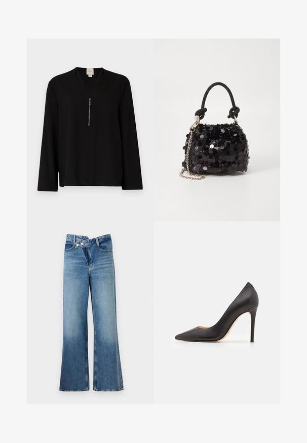 Čierny top s dlhým rukávom a výstrihom do V, s predným zipsom a hladkou textúrou. Jednoduchý a strihovo prispôsobený strih.; Svetlomodré denimové nohavice s rozšírenými nohavicami a vysokým pásom, so dvoma gombíkmi a prednými vreckami. Materiál má vyblednutú textúru s jemnými variáciami.; Čierne kožené lodičky na vysokom opätku s špicatou špičkou a hladkou textúrou, s štíhlym opätkom a minimalistickým dizajnom.; Čierna mini kabelka so štrasom, s uzlovým textúrovaným popruhom a strieborným reťazom. Guľatý tvar s riaseným vrchom a reflexnými detailmi.