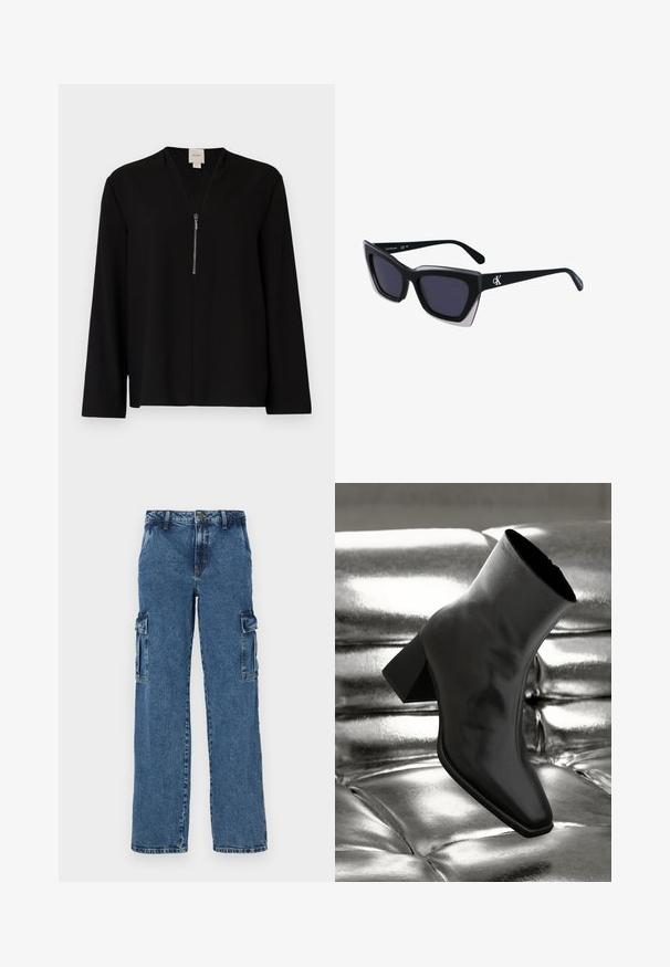 Schwarzes Langarmoberteil mit V-Ausschnitt, ausgestattet mit einem Reißverschluss vorne und einer glatten Textur. Schlichte und maßgeschneiderte Silhouette.; Blaue Denim-Cargohosen mit lockerer Passform, ausgestattet mit zwei Seitentaschen, verstärkten Nähten und einem geraden Bein-Design.; Schwarzer Knöchelstiefel aus glänzendem Material mit quadratischer Zehenform und verjüngtem Absatz, vor einem glänzenden silbernen gepolsterten Hintergrund.; Schwarze übergroße Sonnenbrille mit geometrischer Form, ausgestattet mit dunklen Gläsern und einem kontrastierenden grauen Detail im Rahmen. Logo am Bügel.; Silberne Creolen mit einer glatten, glänzenden Oberfläche, einer gebogenen Form und einer Steckverschluss. Minimalistisches Design mit modernem Finish.