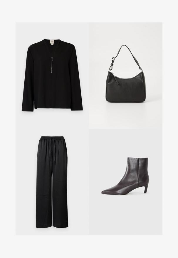 Juodas ilgas rankoves viršus su V formos iškirpte, turintis priekinį užtrauktuką ir lygų tekstūrą. Paprasta ir pritaikyta siluetas.; Juodos plataus kirpimo kelnės su elastinga juosta, užsegimu su raišteliu ir lygiu paviršiumi. Stilius atpalaiduotas, užtikrinantis komfortą ir judėjimo laisvę.; Juodas odinis kulkšninis batai su smailu nosimi ir žemu katės kulnu, lygus paviršius, šoninė užtrauktuko sistema, rodomas neutralioje fone.; Juoda odinė rankinė su išlenkta forma, viena dirželiu, užtrauktuko uždarymu ir subtiliu ženklinimu priekyje. Lygus paviršius, minimalistinis dizainas.