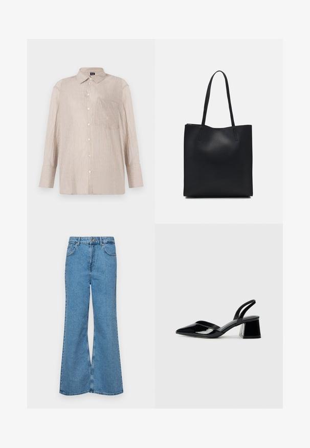 Striped button-up shirt in beige with white and blue lines, featuring a collar and a chest pocket; long sleeves with buttoned cuffs.; Light blue flared jeans made of denim, featuring a high waist, five pockets, and a single button closure. Soft texture with faded finish.; Black patent leather slingback heels with a pointed toe and a geometric block heel. Features a sleek, minimal design and smooth texture.; Black leather tote bag with smooth texture, rectangular shape, and two long handles. No visible hardware or embellishments.