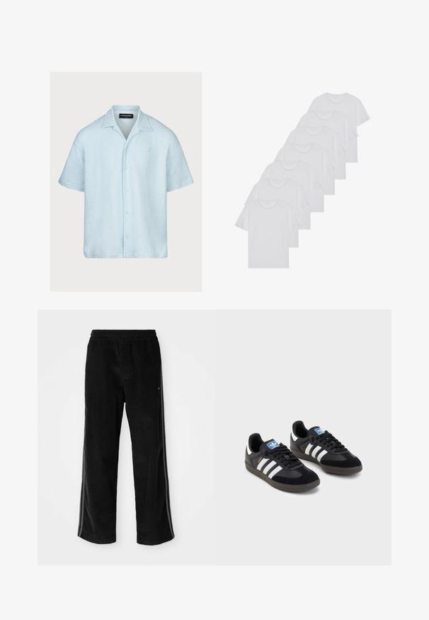 Šviesiai mėlyna trumpų rankovių marškinėliai su tekstūruotu audiniu, mygtukų užsegimu ir mažai siuvinėta logotipu kairiajame krūtinės pusėje.; Baltos medvilninės marškinėliai, trumpomis rankovėmis, apvaliu kaklu, lygia tekstūra, sušluoti į eilę, su subtiliu prekės ženklu ant kaklo.; Juodi chaki kelnės su laisvu siluetu, pasižyminčios elastinga juosmens juosta ir šoninėmis juostomis. Glotnus paviršius su vertikaliu raukšlėjimu.; Juodi sportiniai bateliai su zomšos ir sintetine viršutine dalimi, turintys tris baltas juosteles, tekstūruotą gumos pado paviršių ir mėlyną logotipo etiketę ant liežuvėlio.